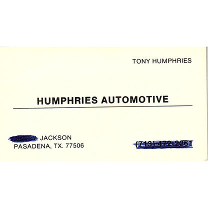 Tony  Humphries Automotive Pasadena TX Vintage Business Card SC9-B1
