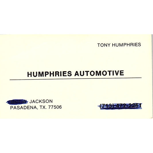 Tony  Humphries Automotive Pasadena TX Vintage Business Card SC9-B1