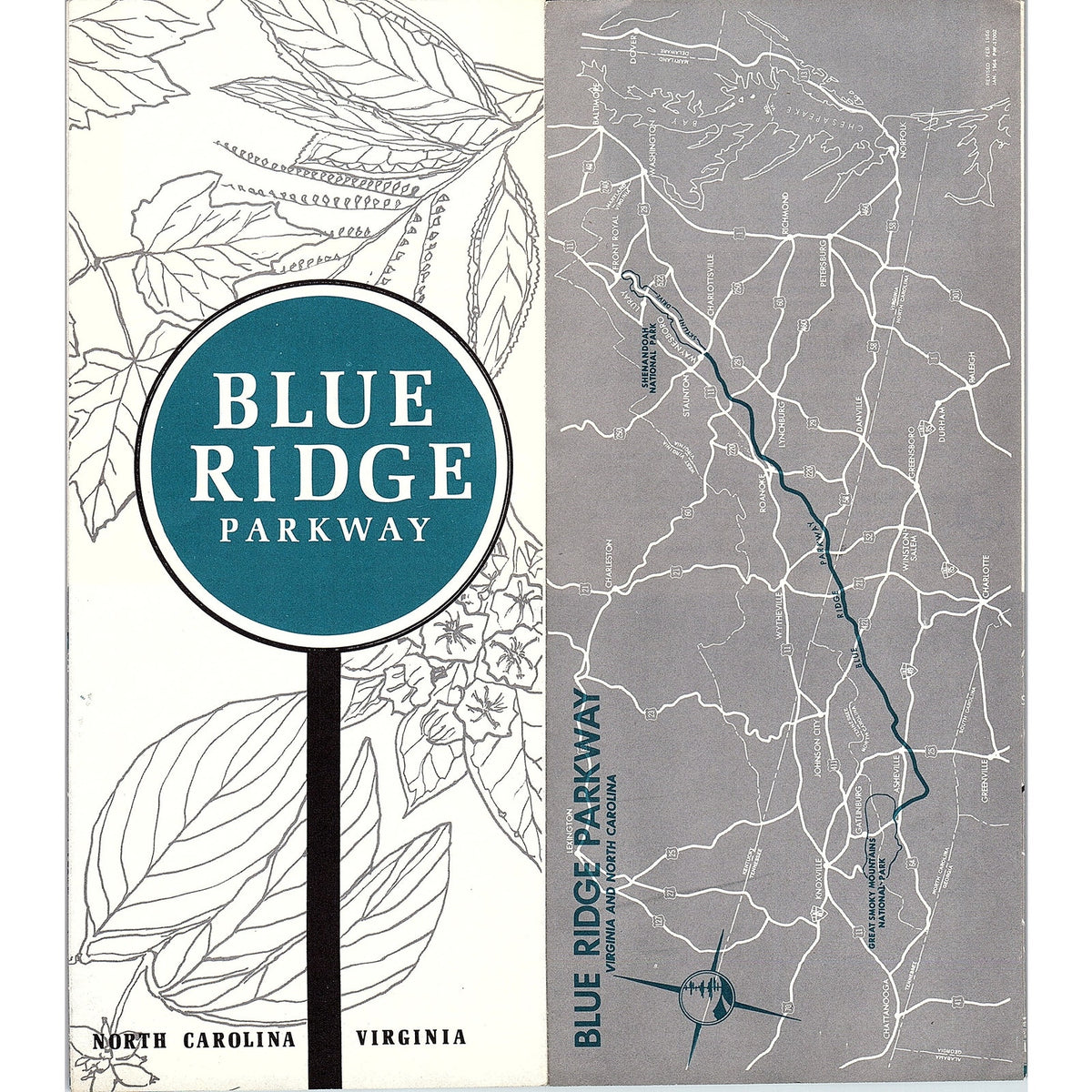 Display Blue Ridge Map Blue Ridge Parkway North Carolina Virginia Map & 1960s Travel Brochure ...