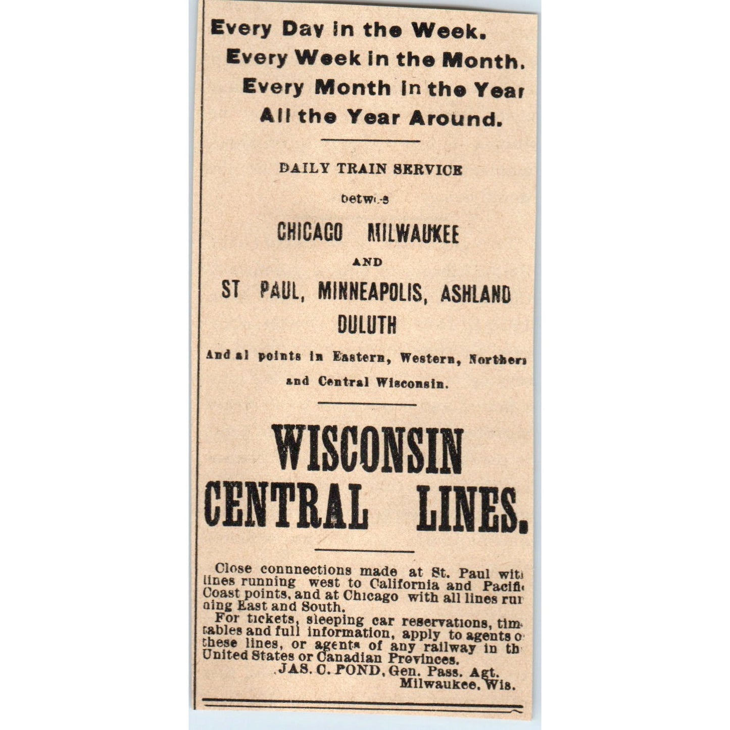 Wisconsin Central Lines Chicago Milwaukee & St. Paul 1898 Newspaper Clip AF7-E12