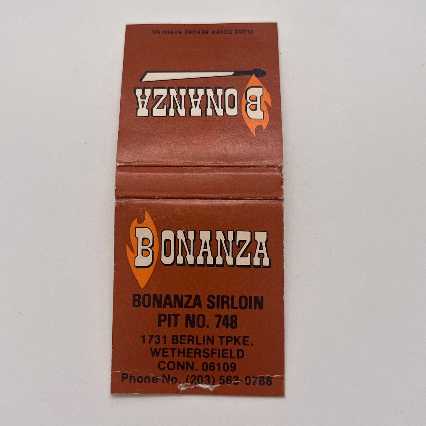 Bonanza Sirloin Pit No 748 Wethersfield CT Vintage Matchbook Cover MM3-4