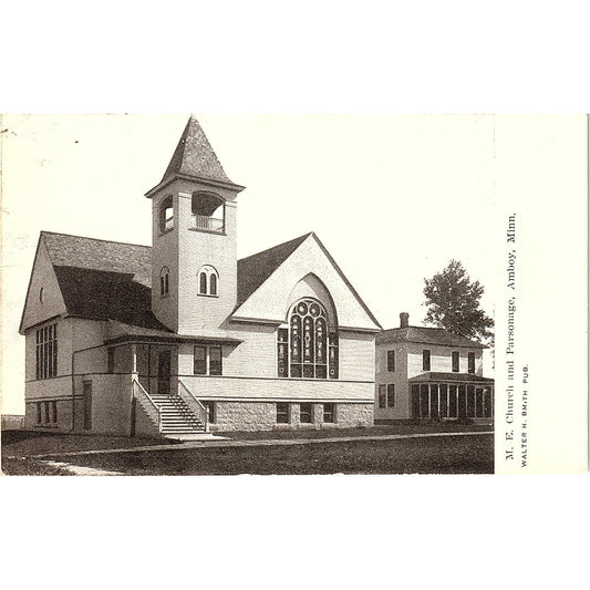 1911 M.E. Church and Parsonage Amboy Minnesota Antique Postcard AG2-M15