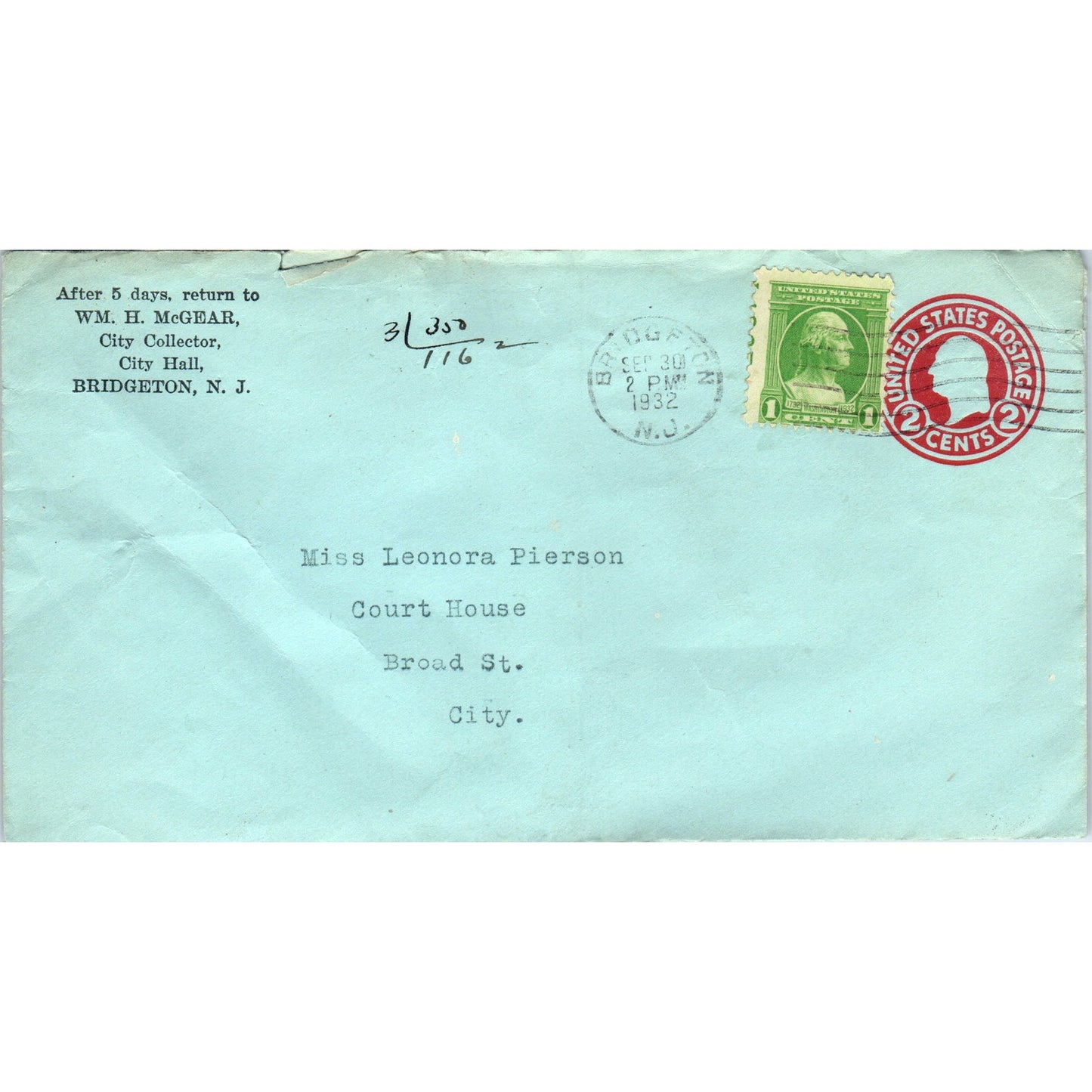 1932 Wm. H McGear City Collector Bridgeton J to Leonora Pierson Envelope TG7-PC1