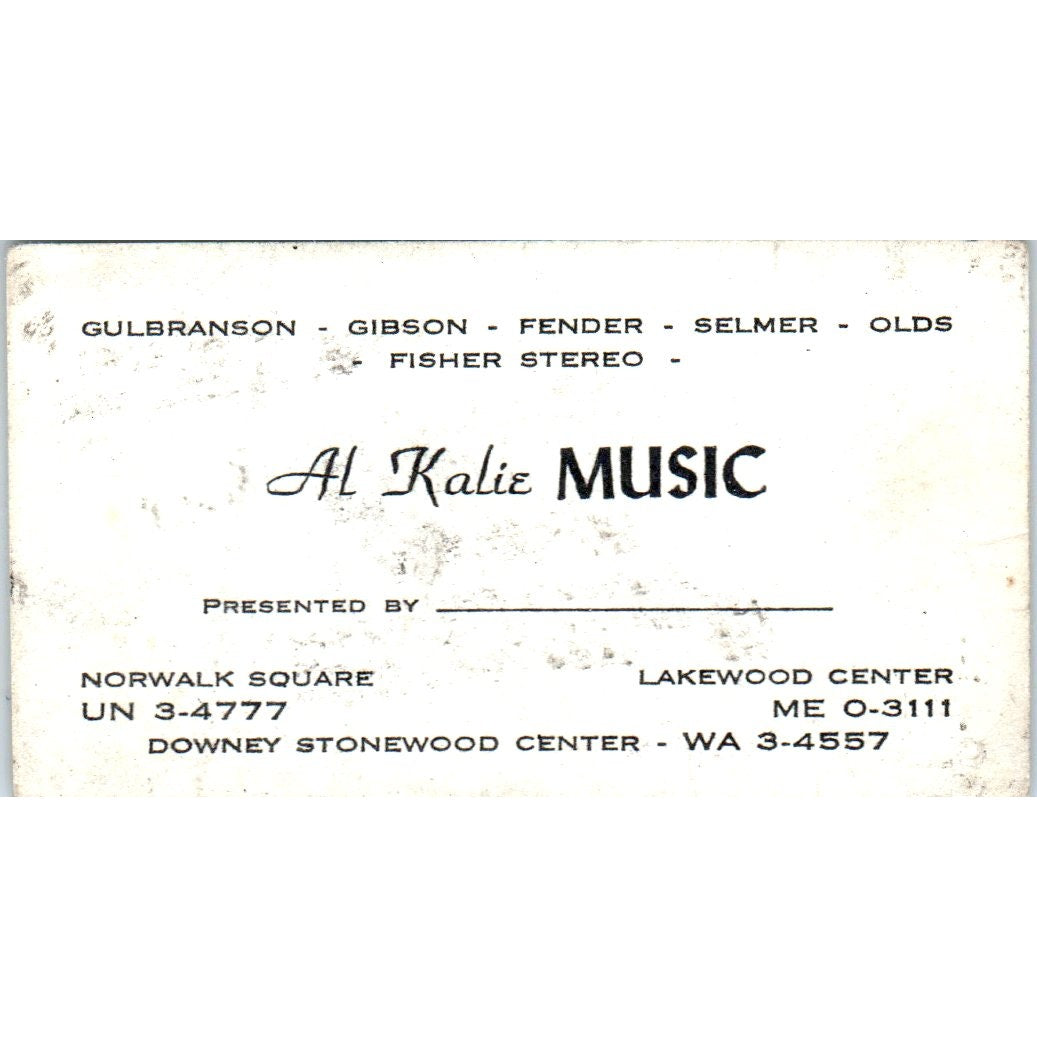 Al Kalie Music Lakewood Downey CA Vintage Business Card SD8-B20