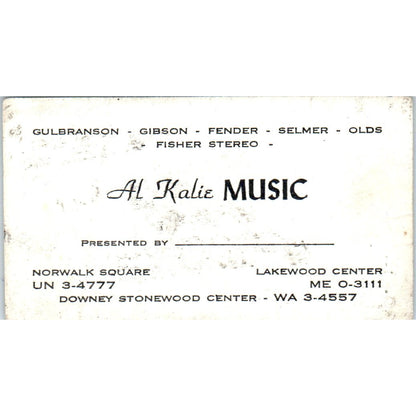 Al Kalie Music Lakewood Downey CA Vintage Business Card SD8-B20