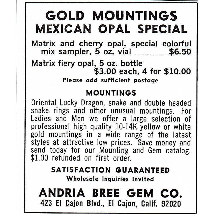 Andrea Bree Gem Co Gold Mountings El Cajon CA 1972 Ad AF8-M1