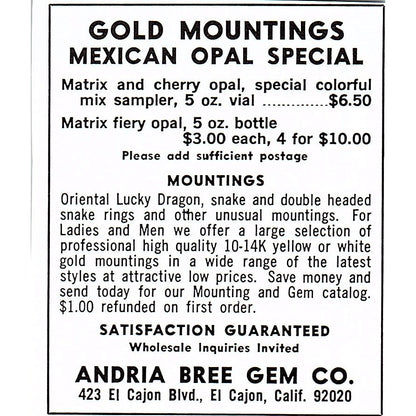 Andrea Bree Gem Co Gold Mountings El Cajon CA 1972 Ad AF8-M1