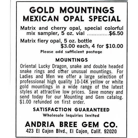 Andrea Bree Gem Co Gold Mountings El Cajon CA 1972 Ad AF8-M1