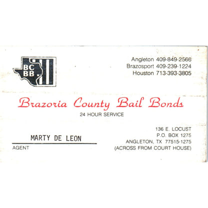 Brazoria County Bail Bonds Marty De Leon Angleton TX Vtg Business Card SD4-B2