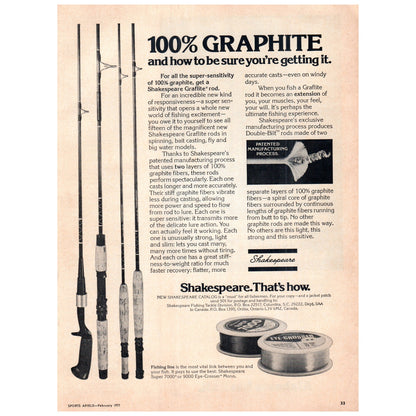 Shakespeare Graflite 100% Graphite Fishing Rod Columbia SC 1977 Ad D25