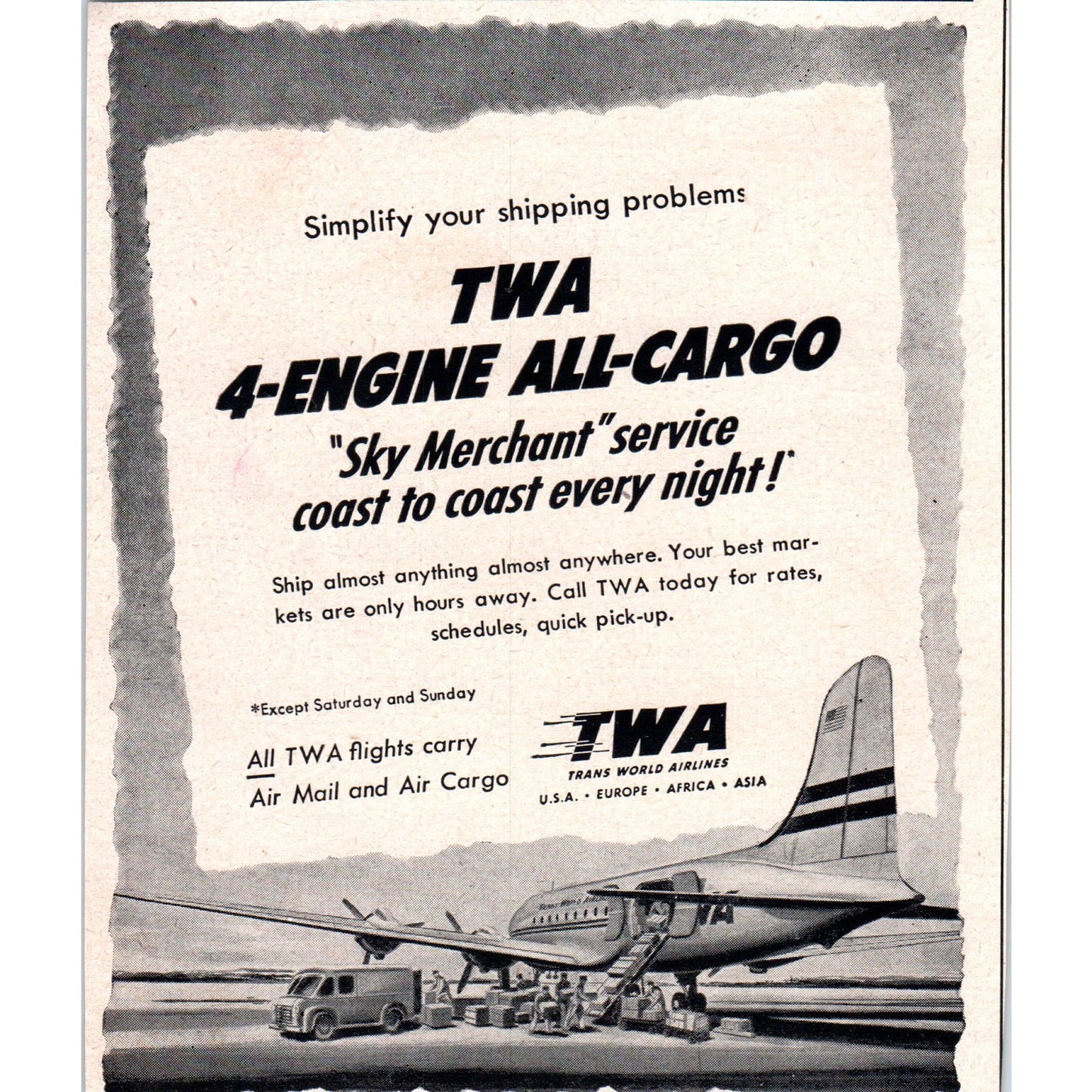 TWA Airlines 4-engine All-Cargo Airplane 1951 Magazine Ad AF1-MF1