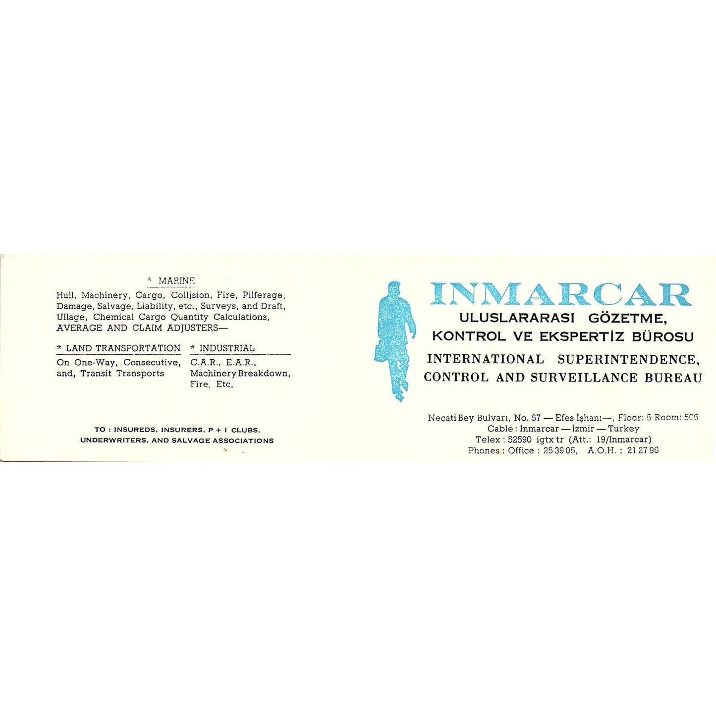 Inmarcar Deniz Survey Bürosu Yavuz Bulkan Izmir Turkey Vtg Business Card TH2-B2