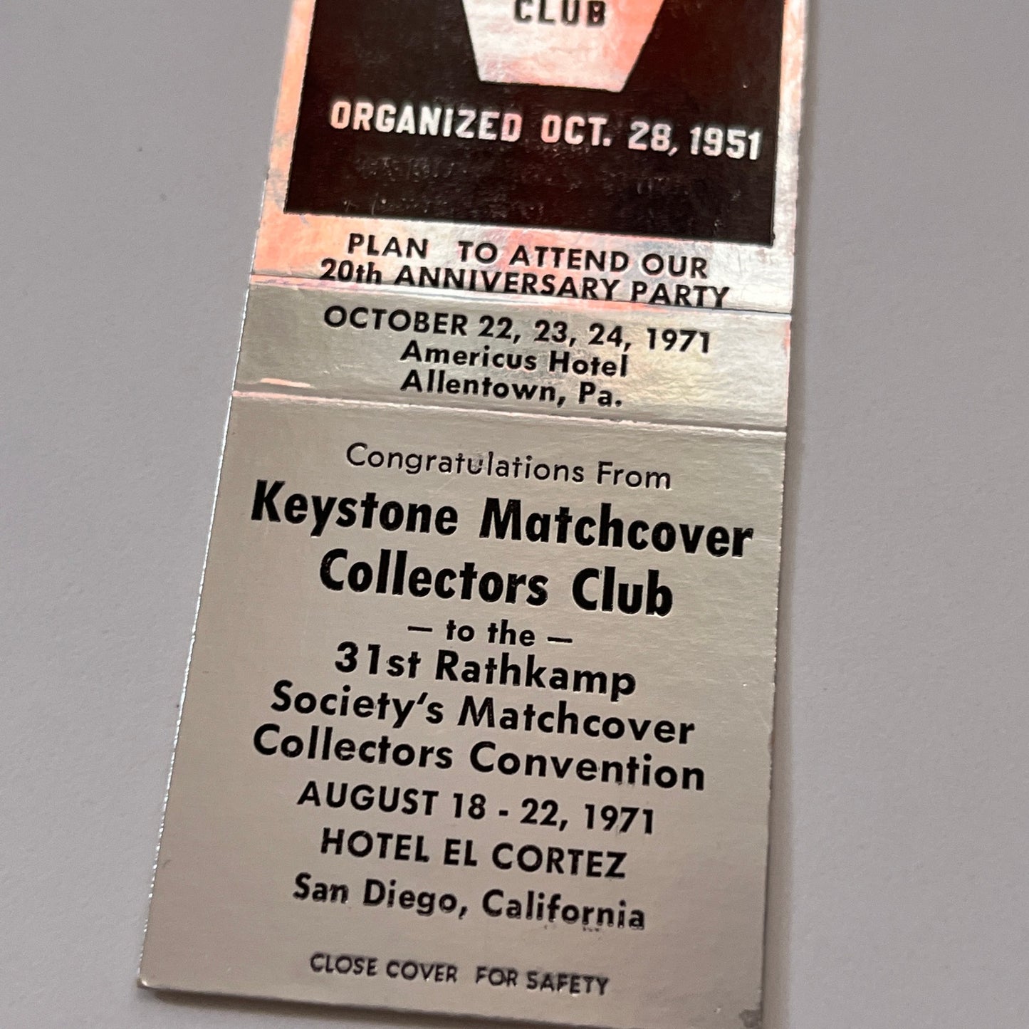 1971 Keystone Matchcover Club Convention Allentown PA Vintage Matchbook Cover TB6-MB2-1