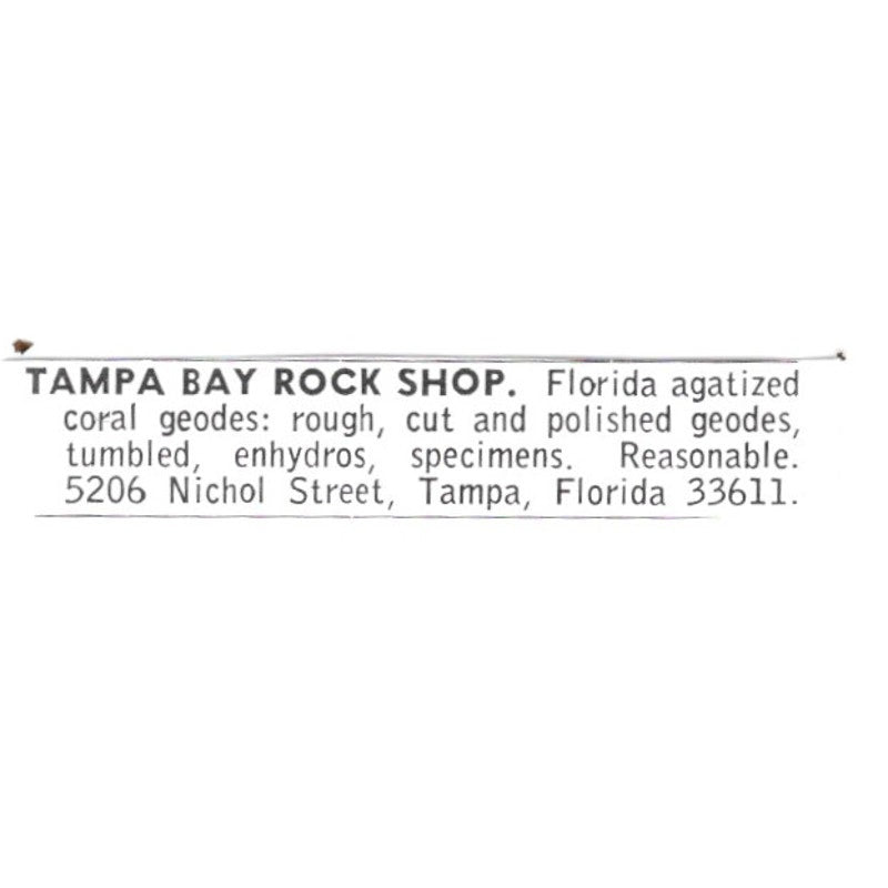 Tampa Bay Rock Shop Florida Agatized Coral Geodes Tampa FL 1972 Ad AF8-S25