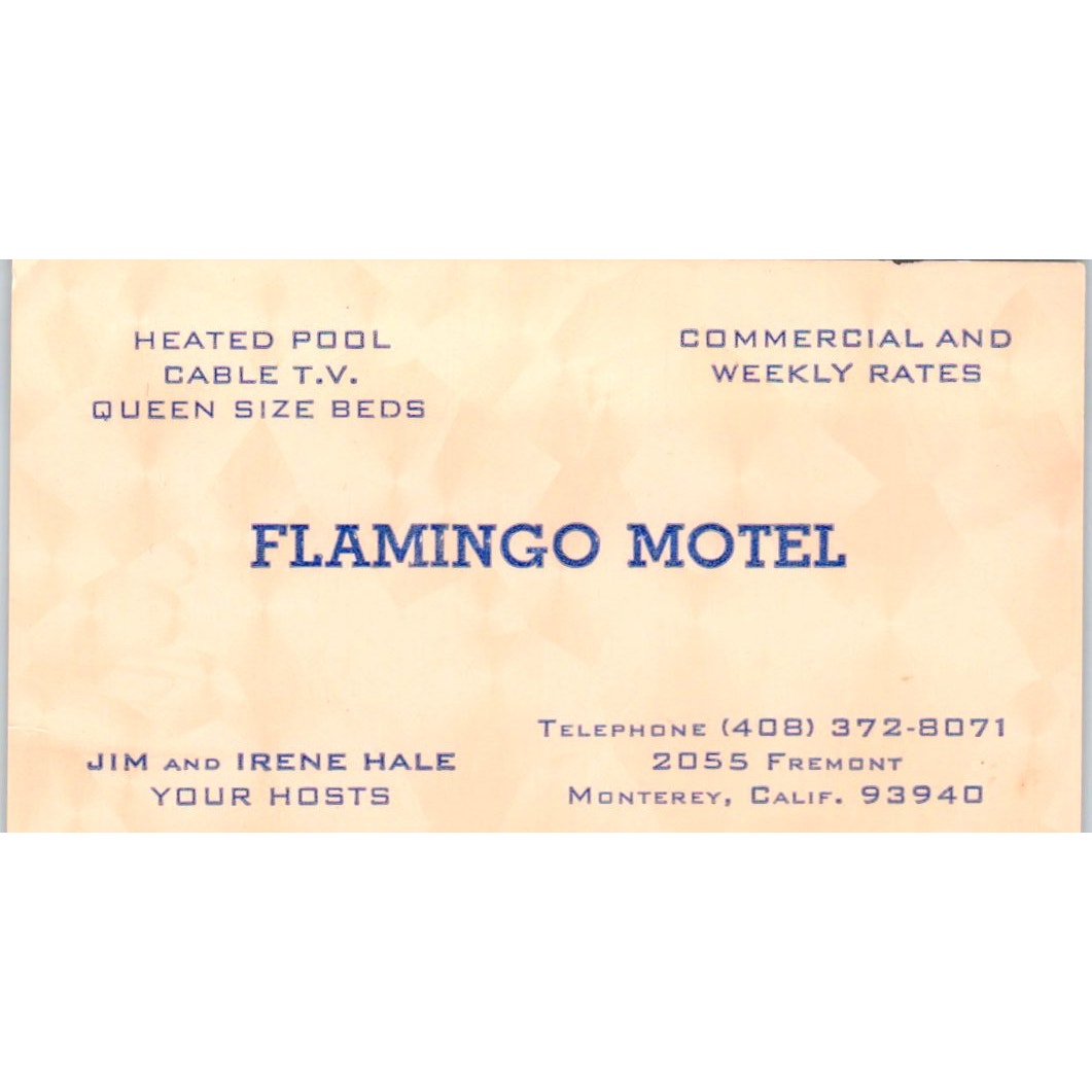 Flamingo Motel Jim & Irene Hale Monterey CA Vintage Business Card SE3-B1