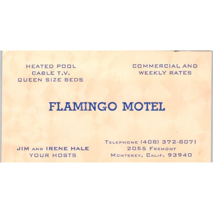 Flamingo Motel Jim & Irene Hale Monterey CA Vintage Business Card SE3-B1
