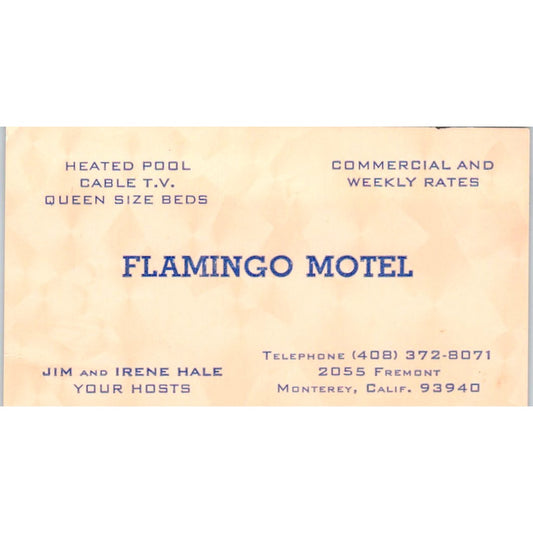 Flamingo Motel Jim & Irene Hale Monterey CA Vintage Business Card SE3-B1