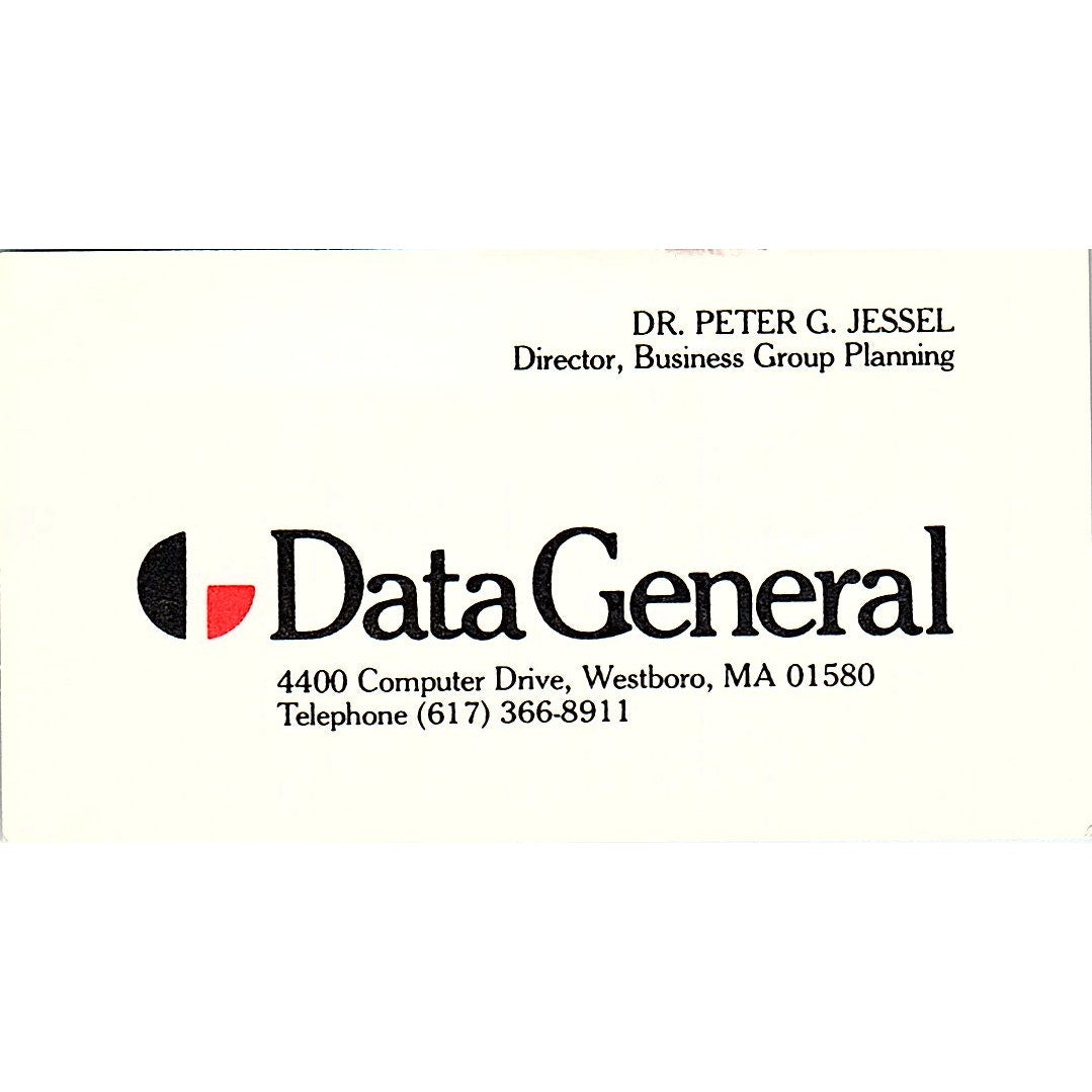 Dr Peter G Jessel Data General Westboro MA Vintage Business Card SD9-B2