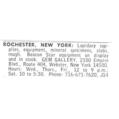 Gem Gallery Lapidary Supply Rochester New York 1972 Ad AF8-S22