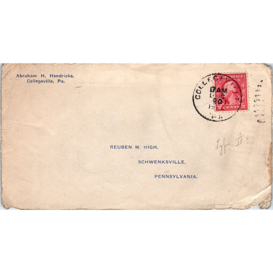 1922 Abraham H. Hendricks Collegeville PA to Schwenksville Postal Cover TG7-PC1