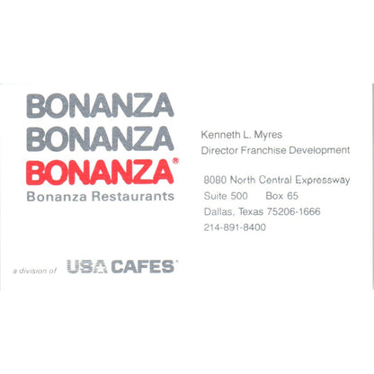 Kenneth L. Myres Bonanza Restaurants Dallas TX Vintage Business Card SD8-B6