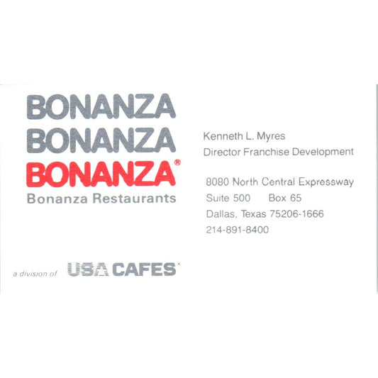 Kenneth L. Myres Bonanza Restaurants Dallas TX Vintage Business Card SD8-B6