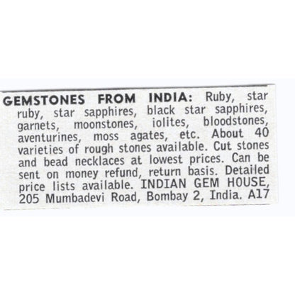 Indian Gem House Gemstones From Bombay India 1964 Magazine Ad AB6-S8