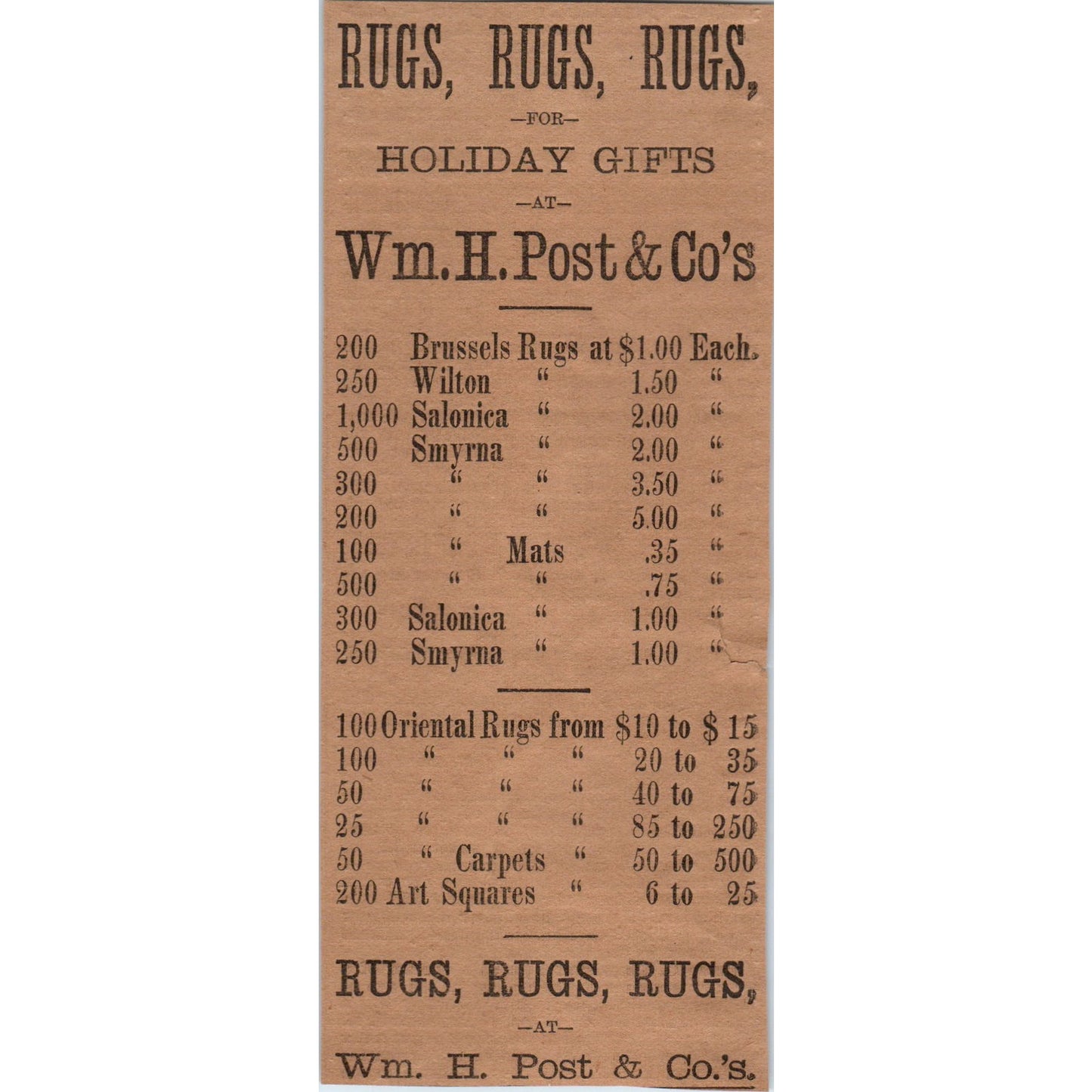 Wm. H. Post & Co Rugs Hartford 1886 Newspaper Ad AF7-E5