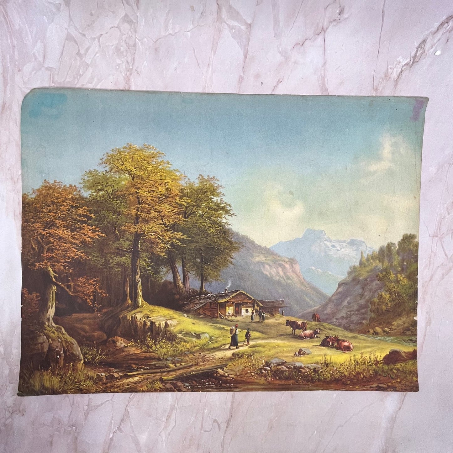 Swiss Alps, Cabin, Cows W/Family Vintage Art Print 12x16 FL6-3