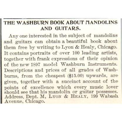 Mandolin & Guitar Book Ad M, Lyon & Healy Chicago 1897 Victorian Ad AE9-TS11