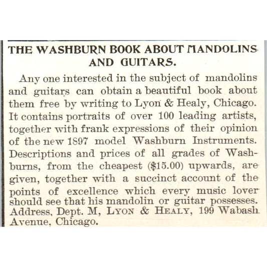 Mandolin & Guitar Book Ad M, Lyon & Healy Chicago 1897 Victorian Ad AE9-TS11