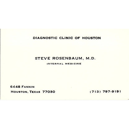 Steve Rosenbaum Internal Medicine Houston Texas Vintage Business Card SB4-B1