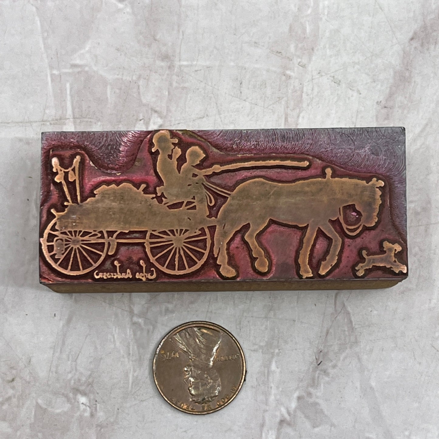 Retro Copper Horse Drawn Buggy Vintage Letterpress Printers Block Plate SF5