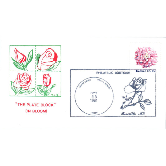 1981 Philatelic Boutique The Plate Block In Bloom Roseville Postal Cover TI5-PC1