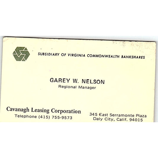 Garey W Nelson Cavanagh Leasing Corp Daly City CA Vintage Business Card SD9-B5