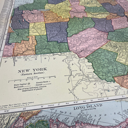 Map of New York State 2 Page Fold Out 1910 Print V14-7