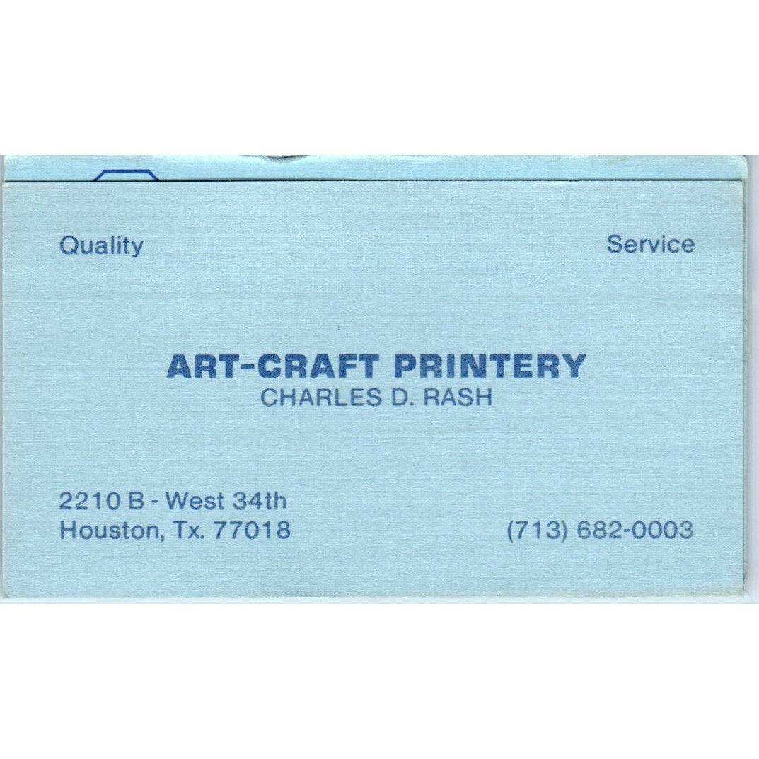 Art-Craft Printery Charles D. Rash Houston TX Vintage Business Card SD4-B3