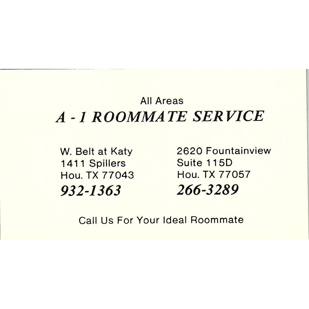 A-1 Roommate Service Houston TX Vintage Business Card SE3-B15