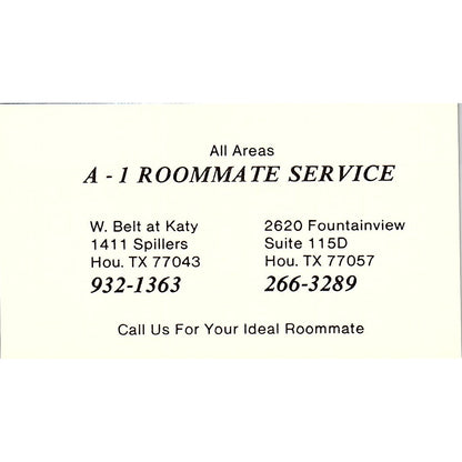 A-1 Roommate Service Houston TX Vintage Business Card SE3-B15