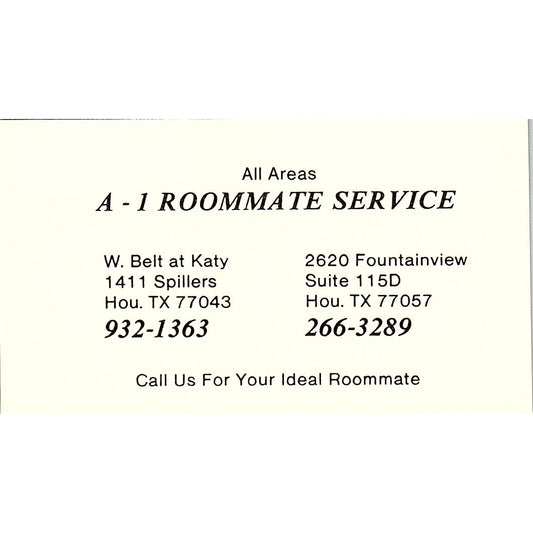A-1 Roommate Service Houston TX Vintage Business Card SE3-B15