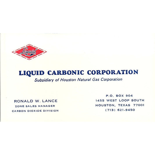 Ronald W Lance Liquid Carbonic Corp Houston Vintage Business Card SC9-B13