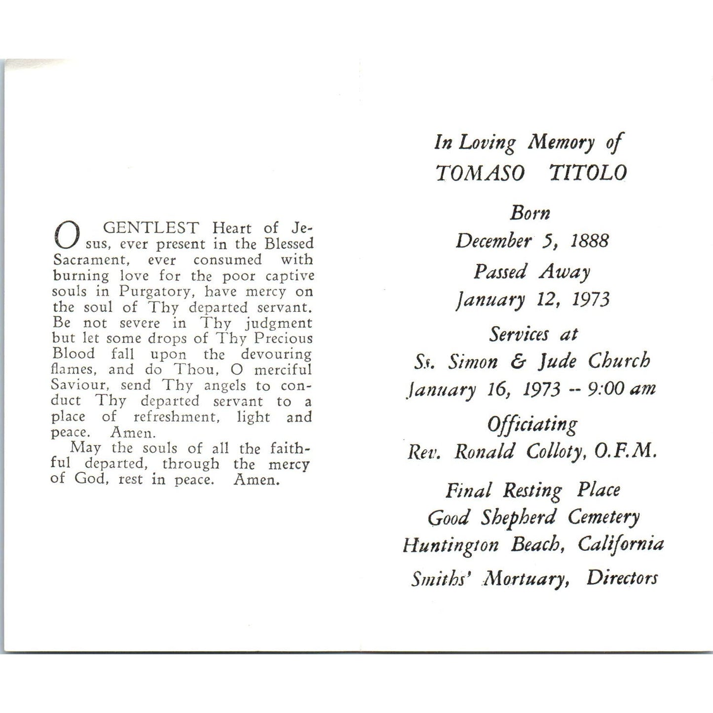 1973 Funeral Prayer Card Tomaso Titolo Simon & Jude Church Huntington Beach AE4