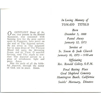 1973 Funeral Prayer Card Tomaso Titolo Simon & Jude Church Huntington Beach AE4
