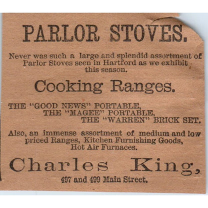 Charles King Parlor Stoves Main Street Hartford 1886 Newspaper Ad AF7-E5