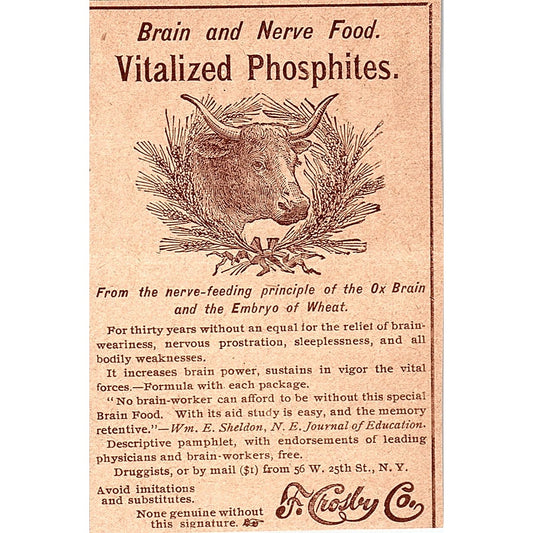 Vitalized Phosphites F. Crosby Co W. 25th St. NY 1892 Ad AG2-M9