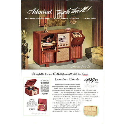 Admiral Triple Thrill Walnut Television TV Teleset - Vintage Magazine Ad D21