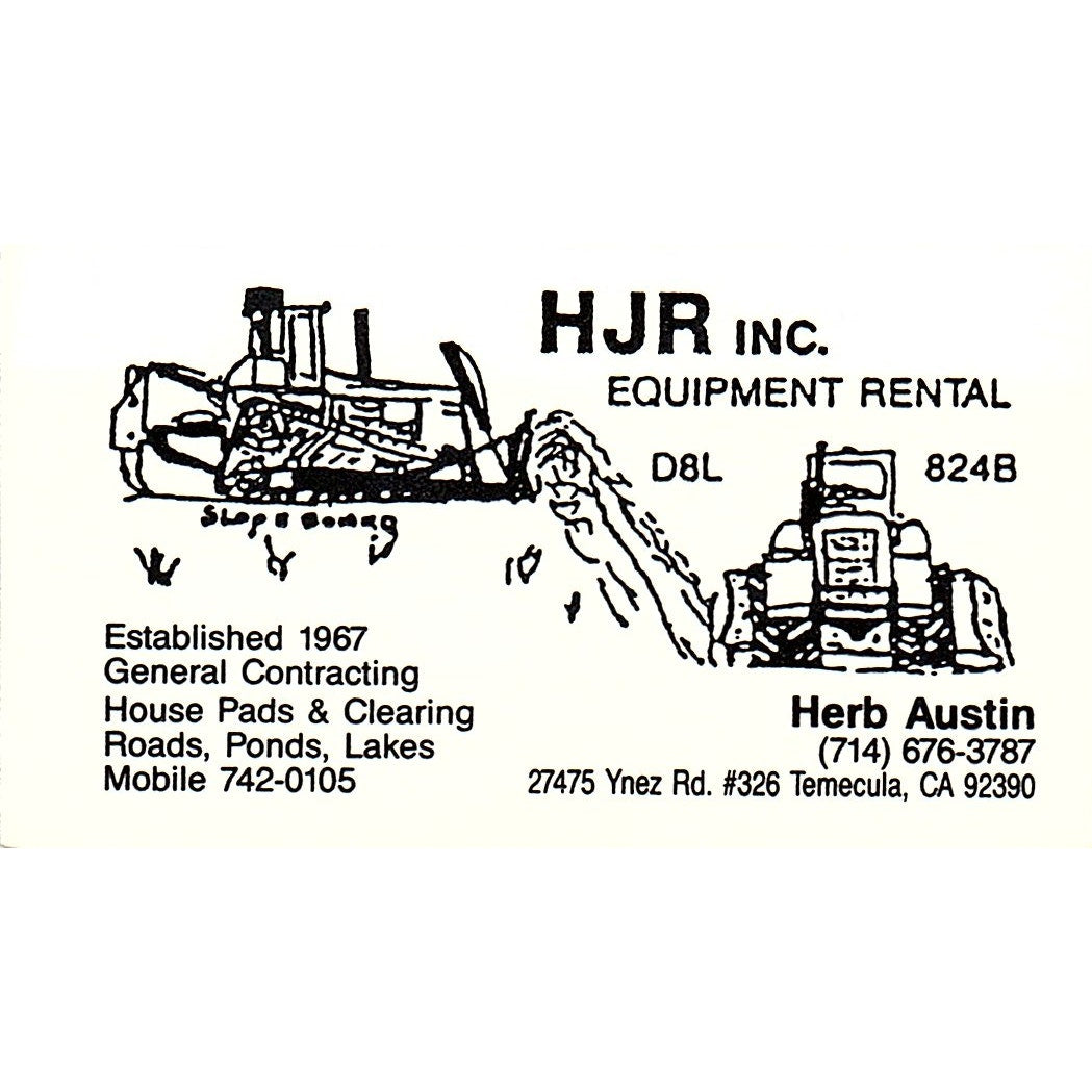 Herb Austin HJR Inc Equipment Rental Temecula CA Vintage Business Card SC9-B8