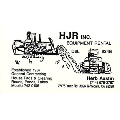 Herb Austin HJR Inc Equipment Rental Temecula CA Vintage Business Card SC9-B8