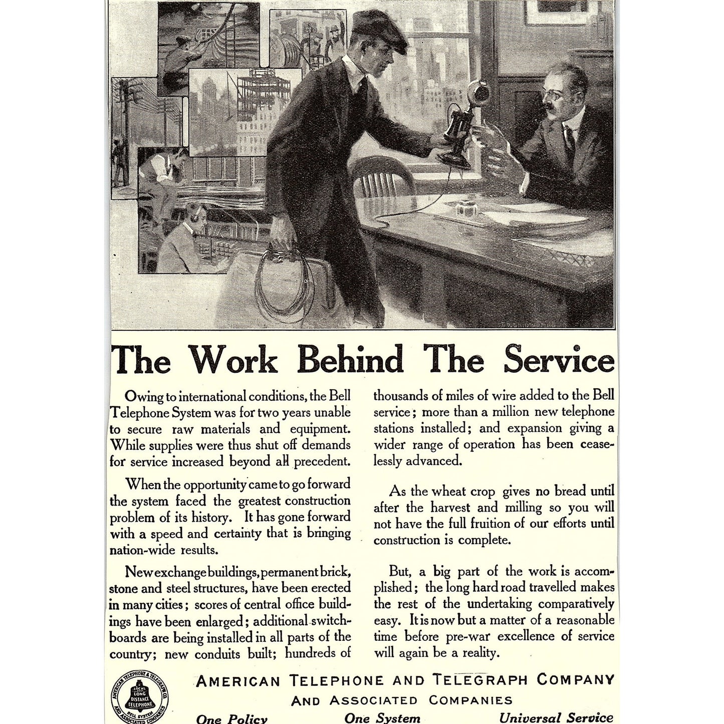 American Telephone and Telegraph Company Work Behind the Service c1920 Ad AF8-8