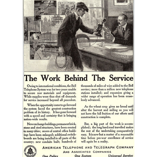 American Telephone and Telegraph Company Work Behind the Service c1920 Ad AF8-8